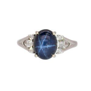 4.15cts Ceylon Star Sapphire Ring in Solid 14K White Gold with Natural Diamonds